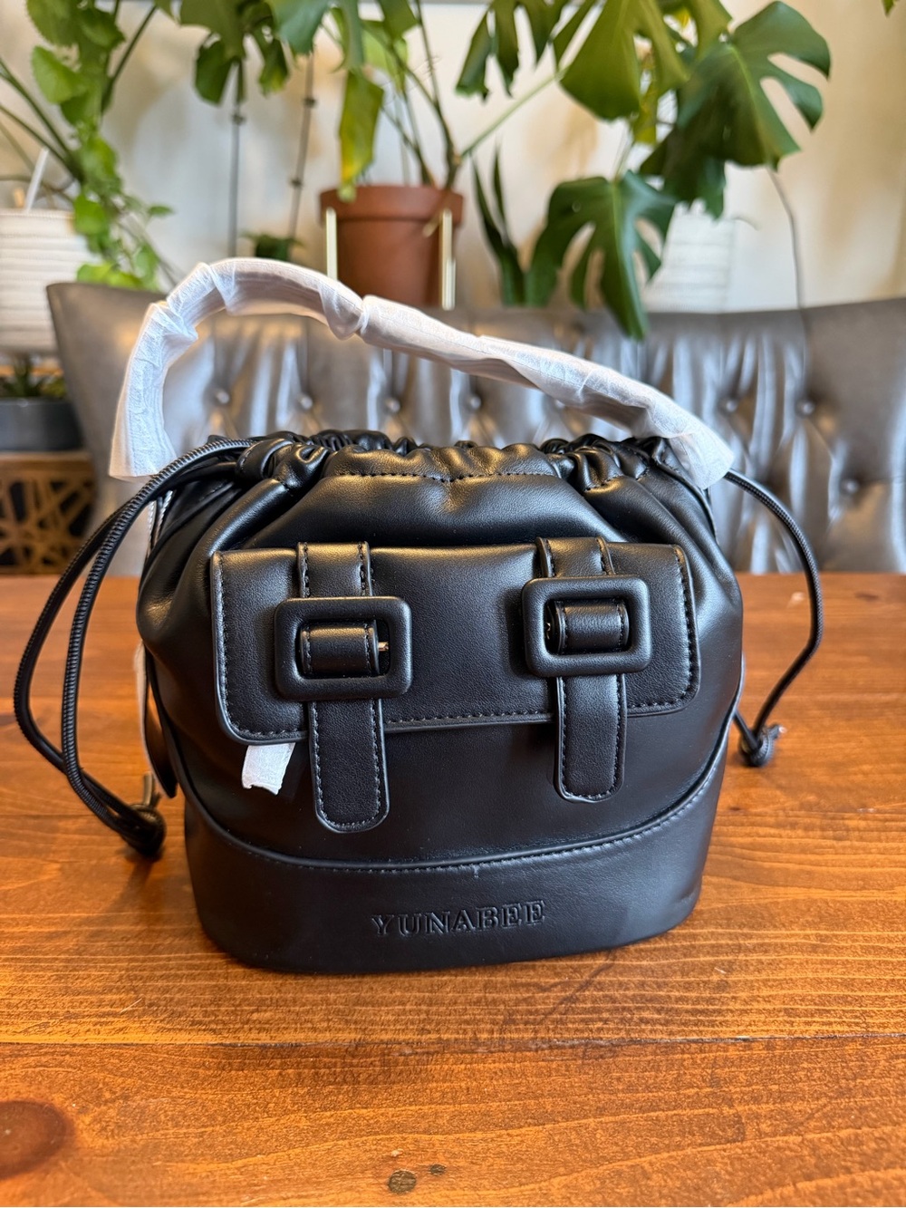 Yunabee Black Small Drawstring Bucket Bag With Long Strap